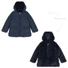 Girls Navy Blue Reversible Faux Fur Jacket, 1, hi-res