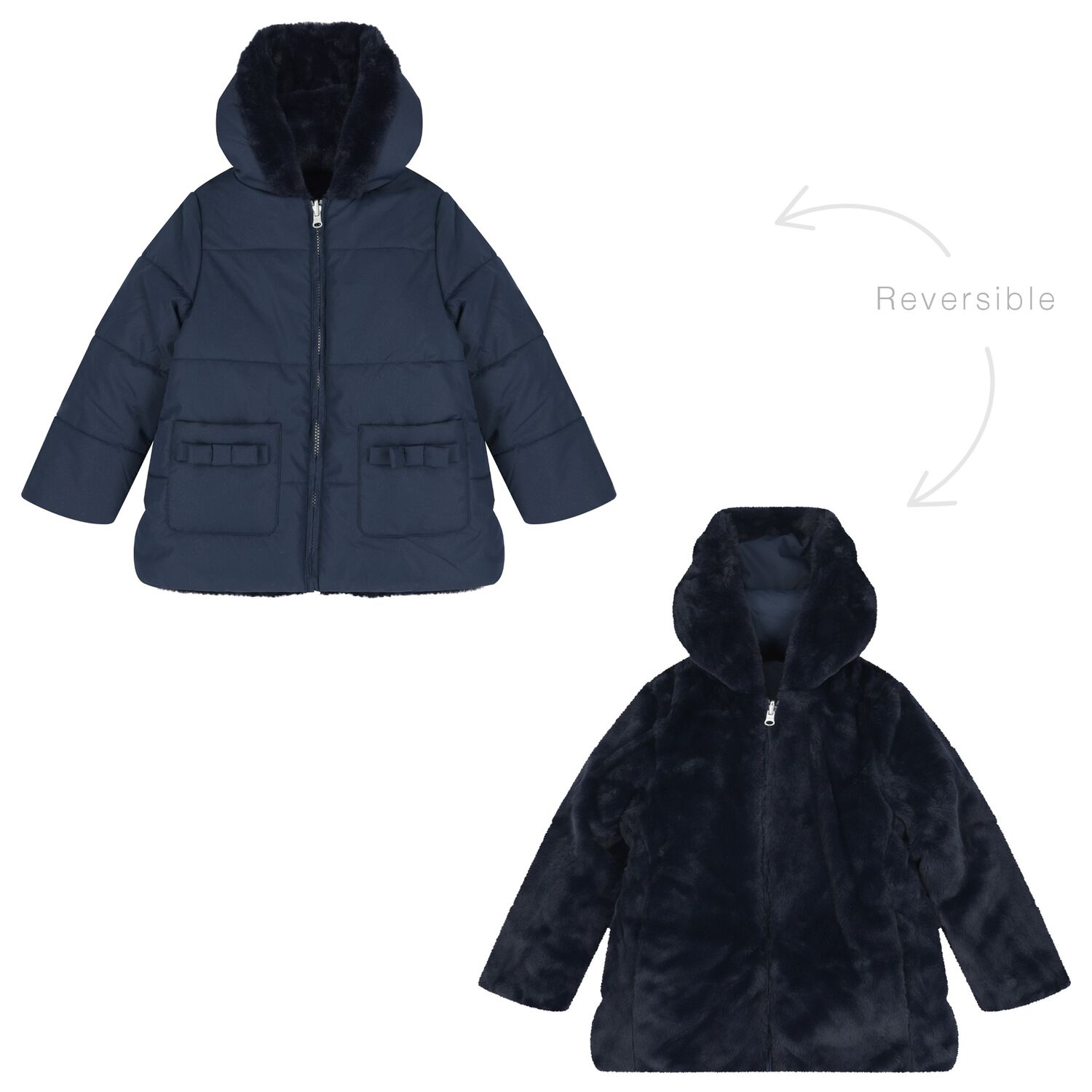 Girls Navy Blue Reversible Faux Fur Jacket, 1, hi-res