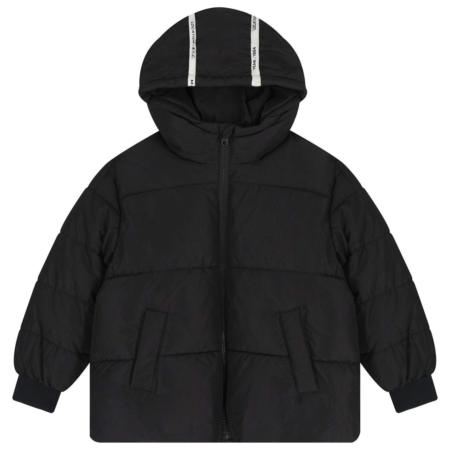 Boys Black Logo Puffer Jacket, 1, hi-res