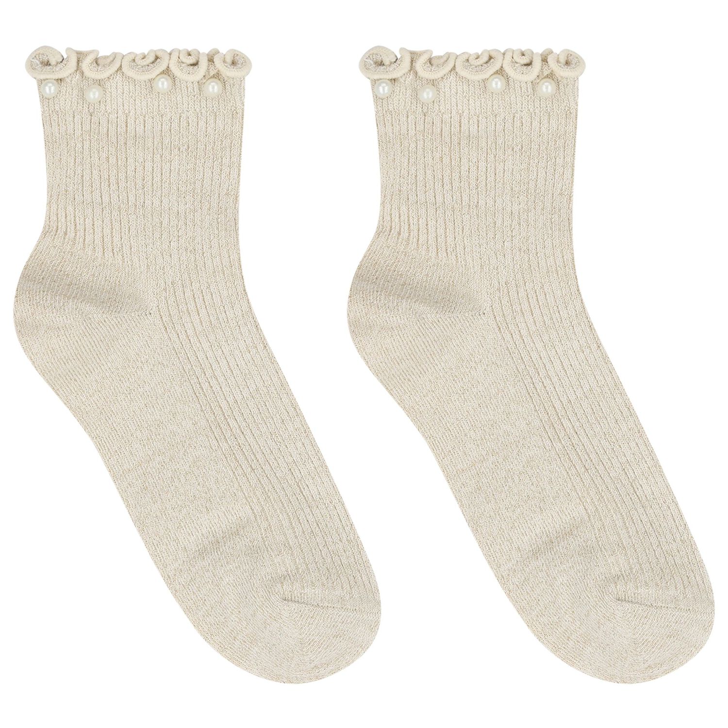 Girls White & Beige Bow & Pearl Socks ( 2-Pack ) , 2, hi-res