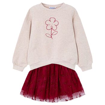 Mayoral Girls Beige & Red Flower Skirt Set, 4 Girls Beige & Red Flower Skirt Set