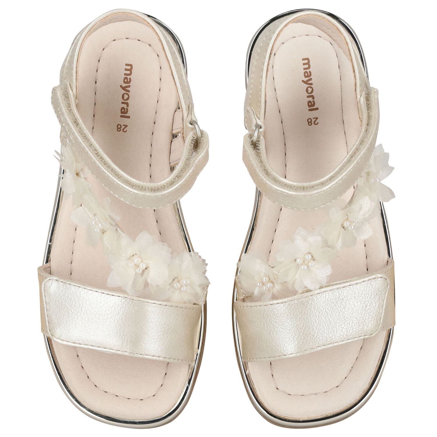 Girls Gold Metallic Floral Sandals, 1, hi-res