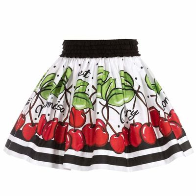 Girls White & Red Cherry Print Skirt