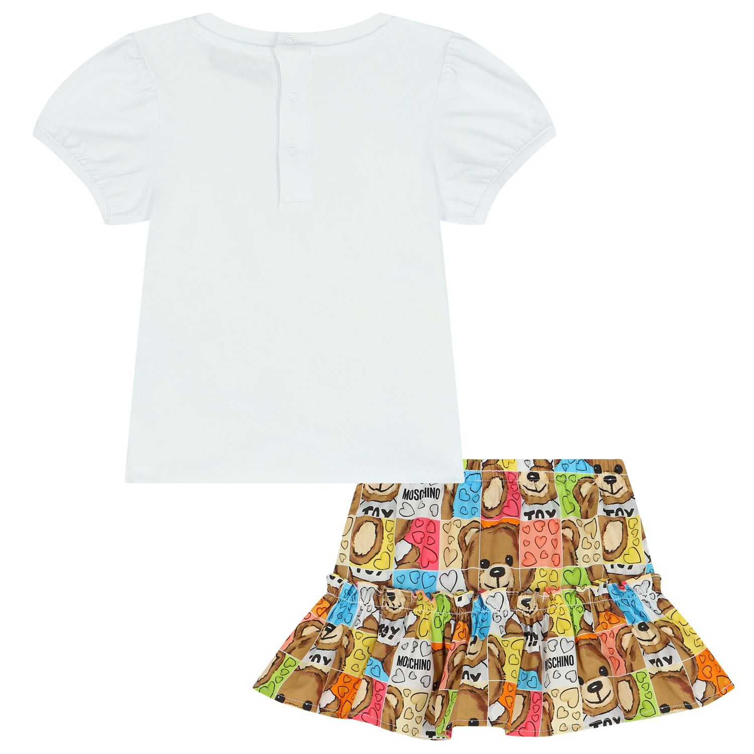Younger Girls White & Beige Teddy Bear Logo Skirt Set, 1, hi-res