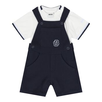 Baby Boys White & Navy Blue Logo Dungaree Set