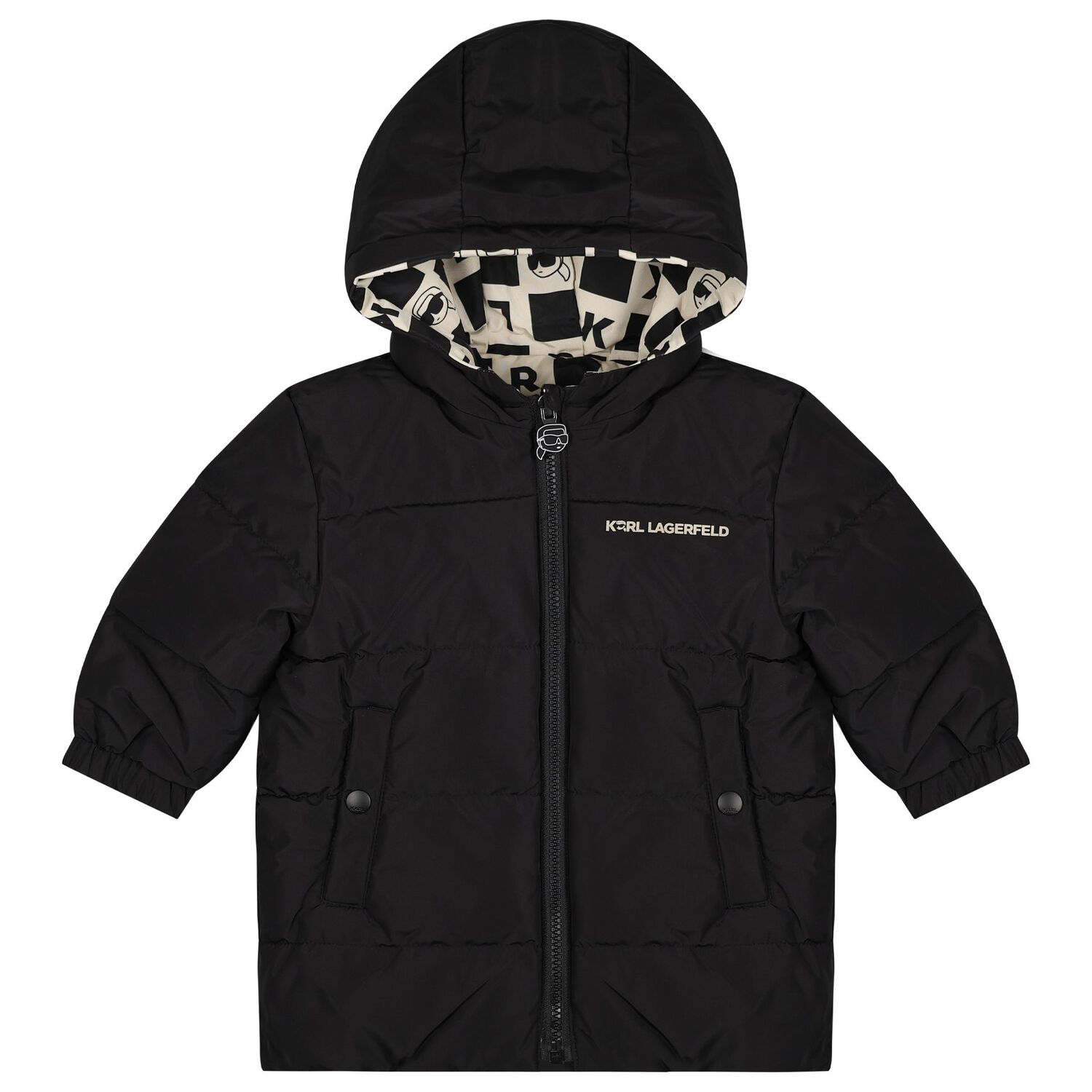 Younger Boys White & Black Ikonik Karl Reversible Puffer Jacket, 1, hi-res