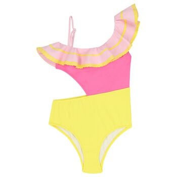 Girls Pink & Yellow Ruffle Swimsuit