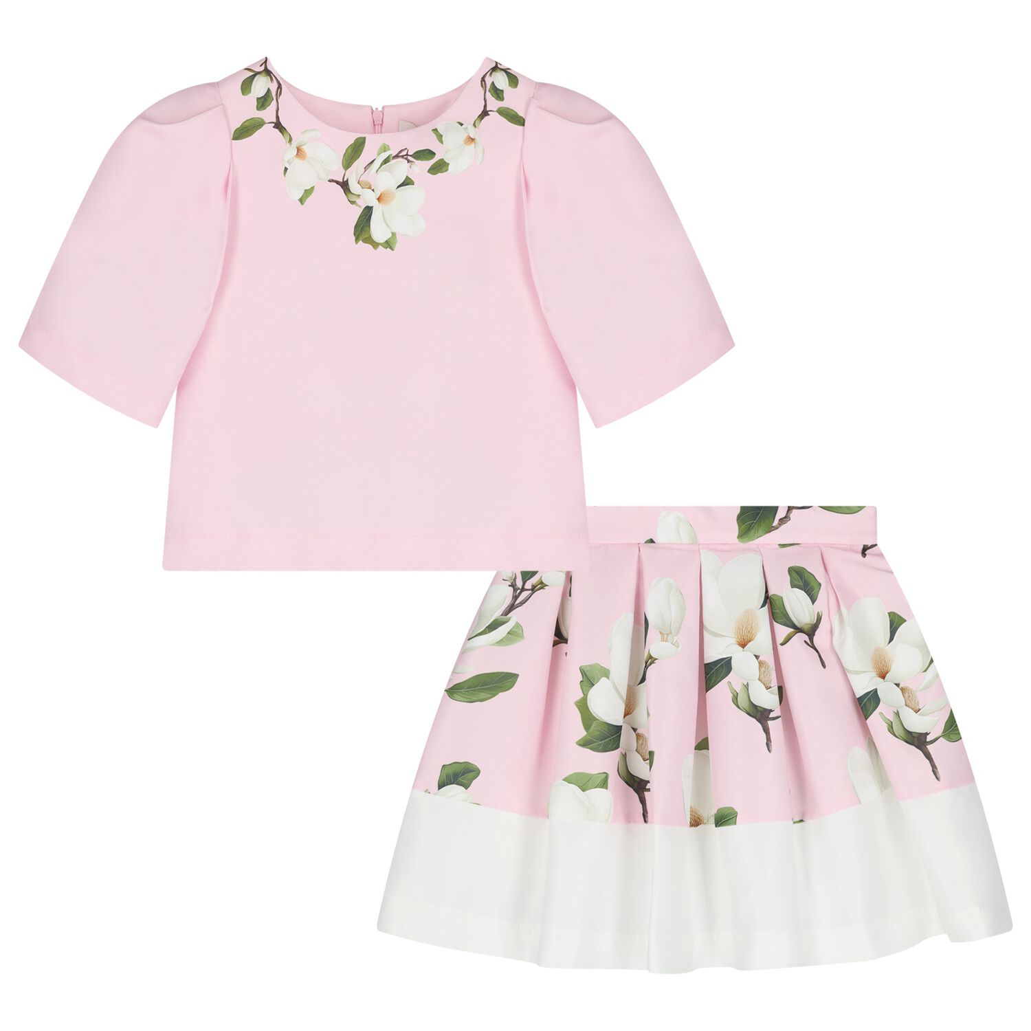 Girls Pink Floral Satin Skirt Set, 1, hi-res