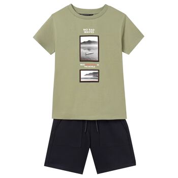 Boys Navy Blue & Green Shorts Set
