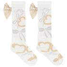 Girls Ivory & Gold Satin Bow Socks, 1, hi-res