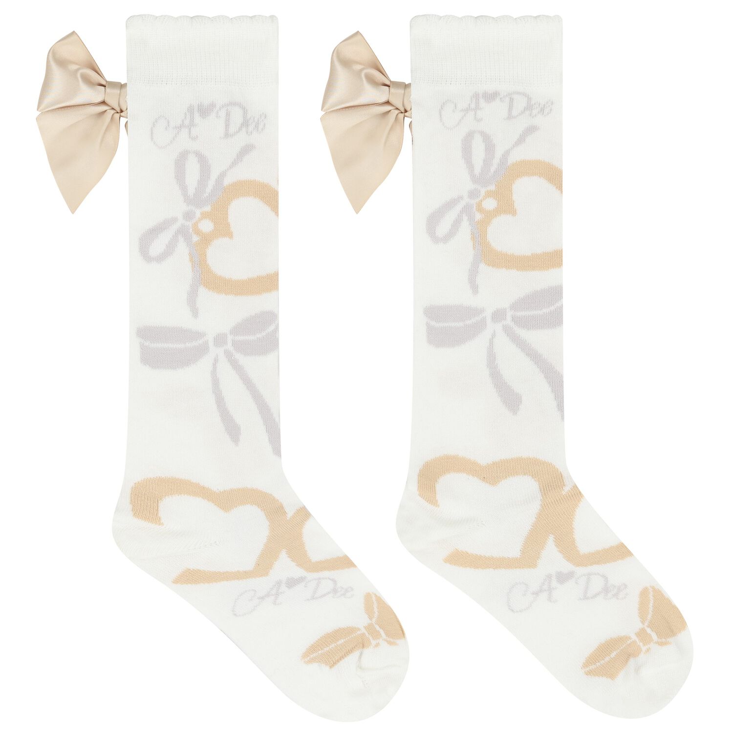 Girls Ivory & Gold Satin Bow Socks, 1, hi-res