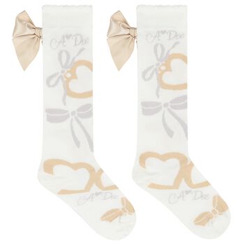 Girls Ivory & Gold Satin Bow Socks