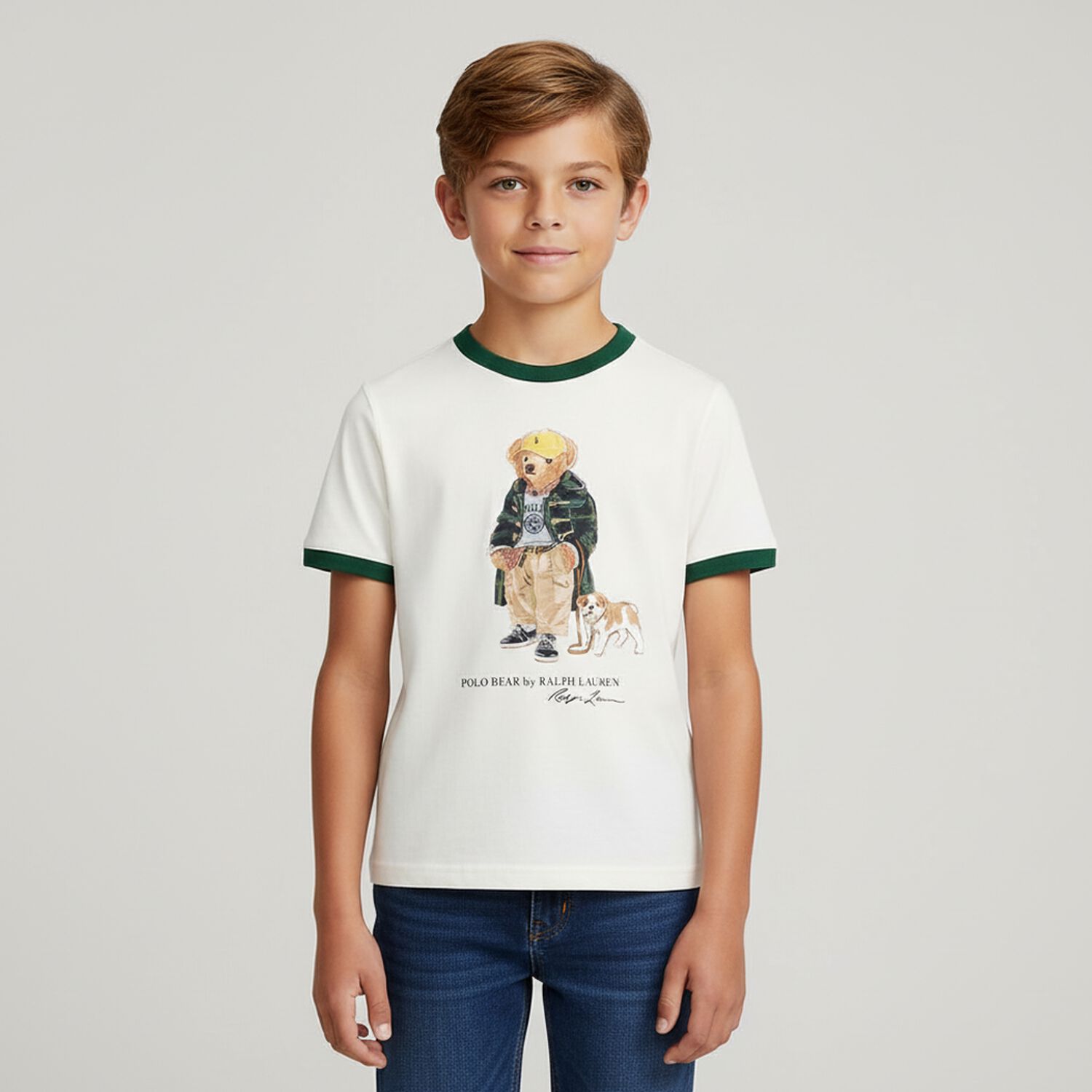 Boys Ivory & Green Polo Bear T-Shirt, 1, hi-res