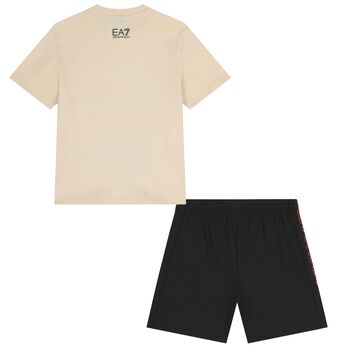Boys Beige & Black Logo Shorts Set