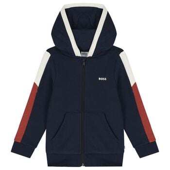 Boys Navy Blue Logo Hooded Zip Up Top