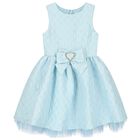 Girls Blue Jacquard Flower Dress, 3, hi-res