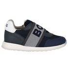 Boys Navy Blue Logo Trainers, 2, hi-res