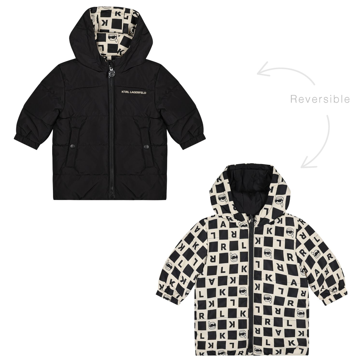 Younger Boys White & Black Ikonik Karl Reversible Puffer Jacket, 1, hi-res