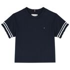 Girls Navy Blue Logo Ribbed T-Shirt, 1, hi-res
