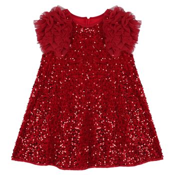 Girls Red Sequin & Tulle Ruffle Dress