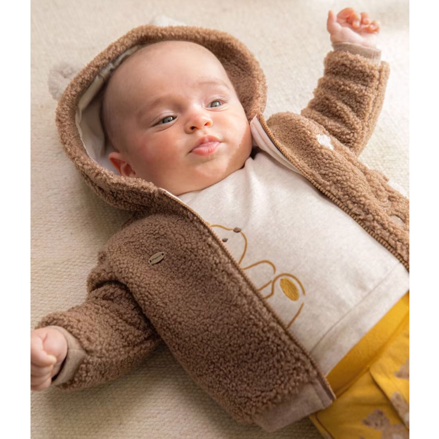 Beige Teddy Bear Hooded Zip Up Top, 1, hi-res