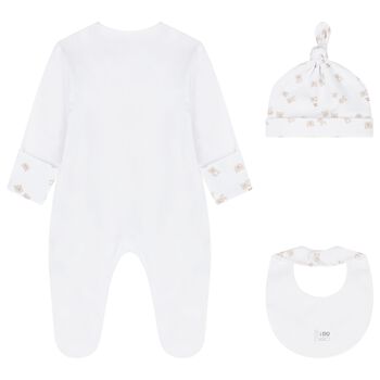 White & Beige Teddy Bear Babygrow Gift Set