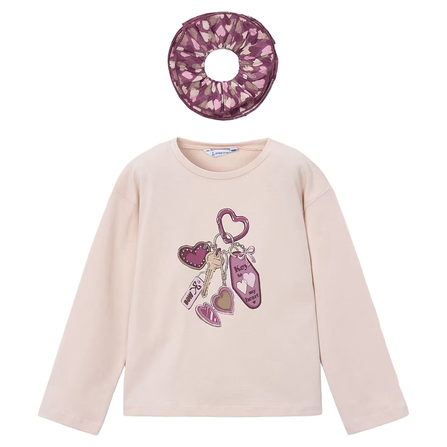 Girls Beige Keychain Long Sleeve Top Set, 3, hi-res