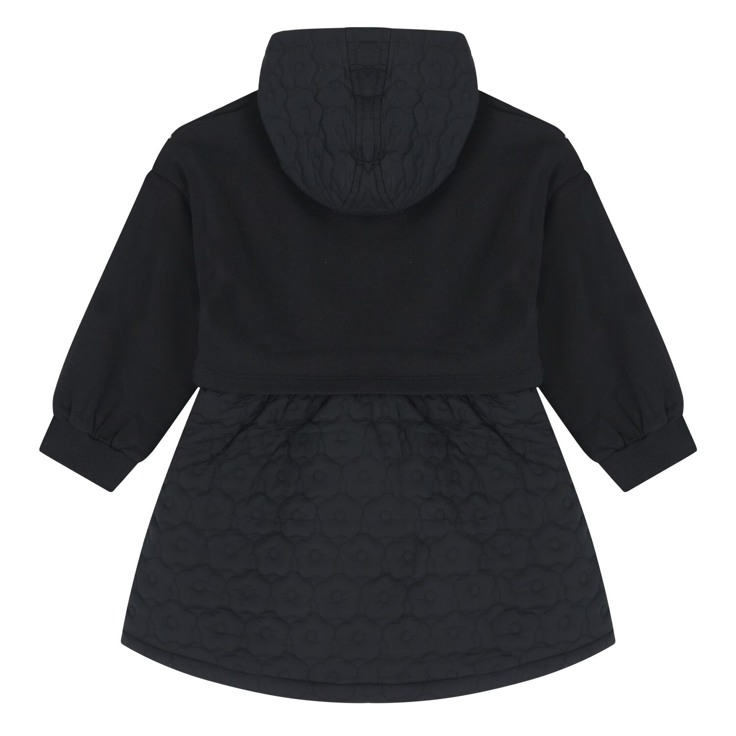 Girls Black Bokeh Flower Logo Hooded Dress, 1, hi-res