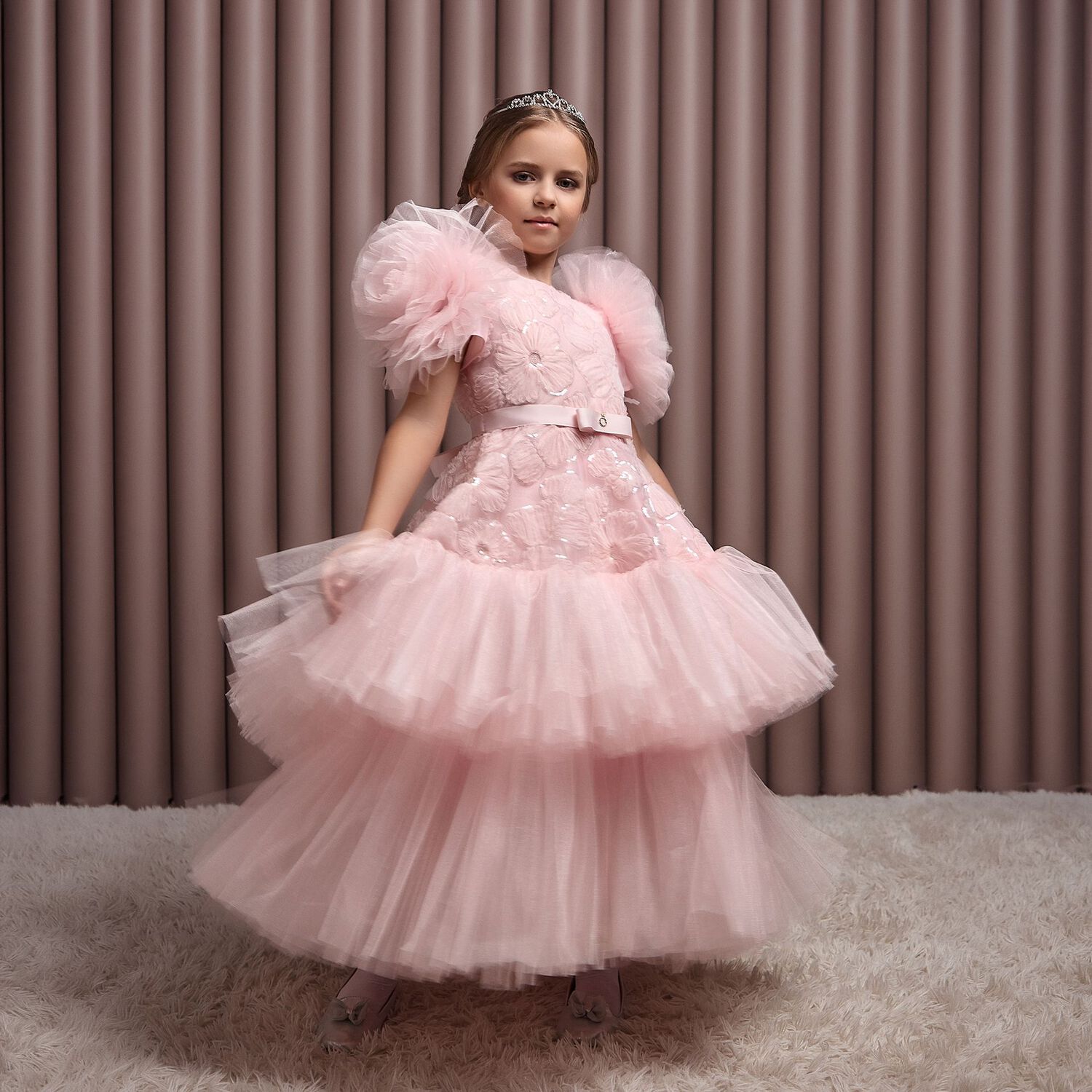 Girls Roshelle Pink Floral Applique Tulle Dress, 1, hi-res