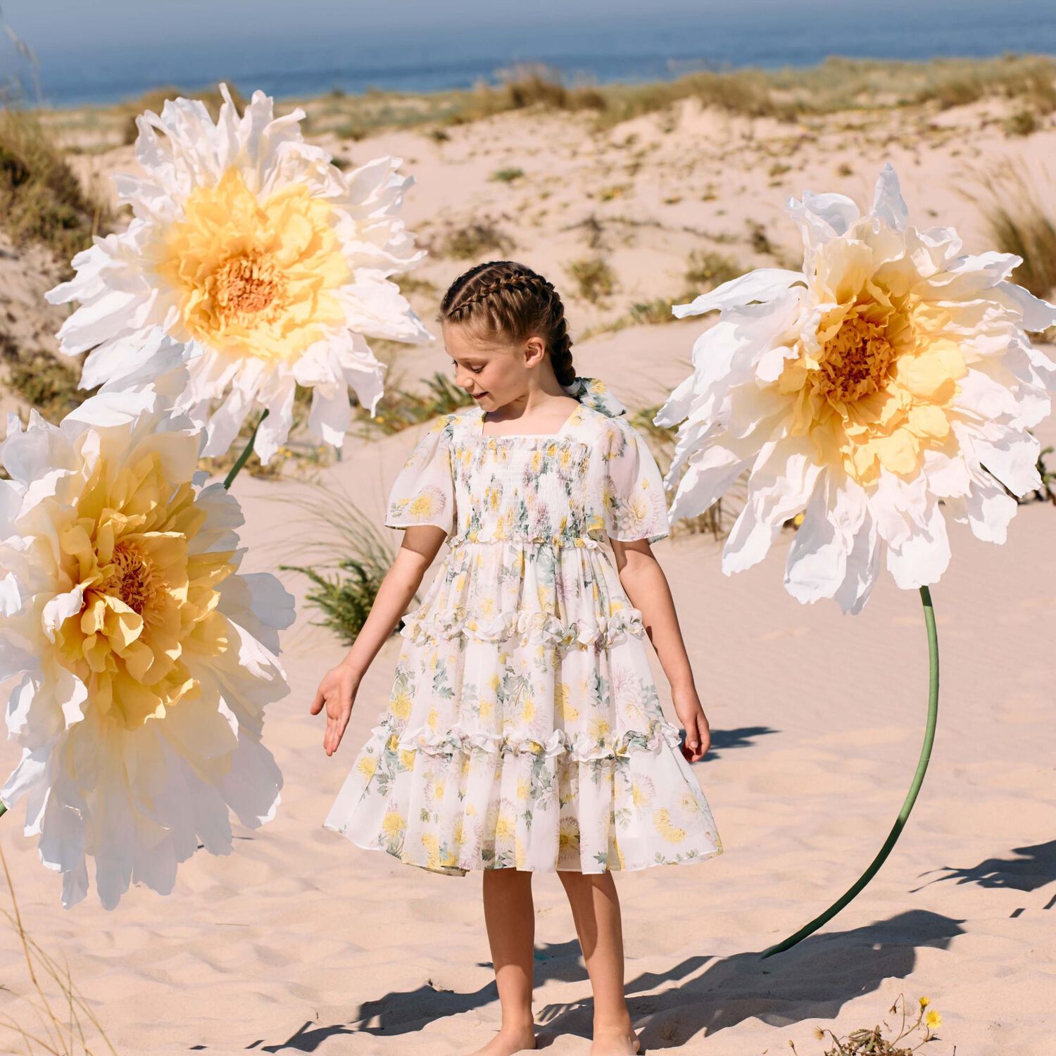 Girls White Floral Chiffon Dress, 1, hi-res image number null