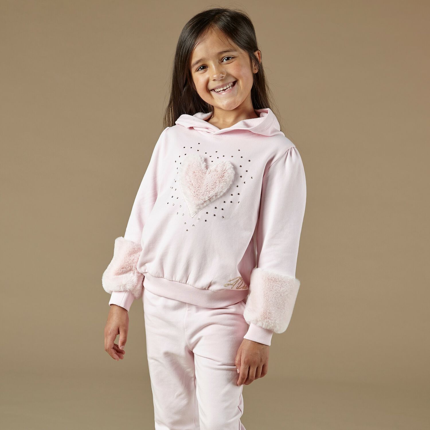 Girls Pink Embellished Heart Tracksuit, 1, hi-res