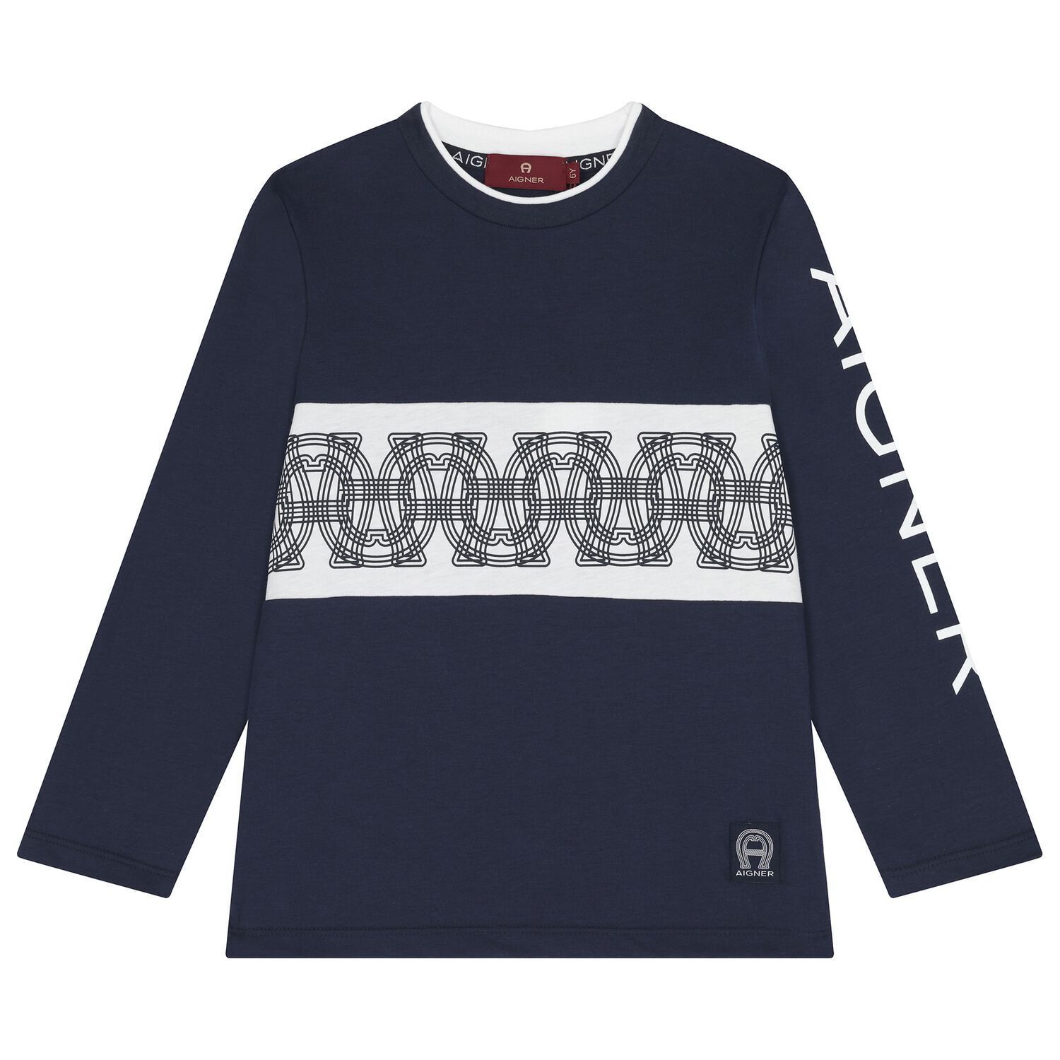 Boys Navy Blue Logo Long Sleeve Top, 1, hi-res