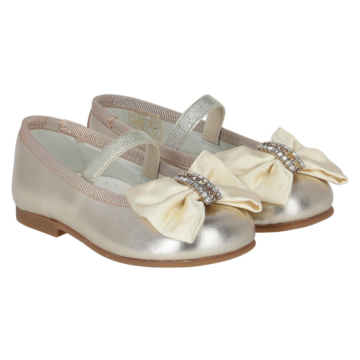 Girls Gold Bow Leather Shoes, 2, hi-res image number null