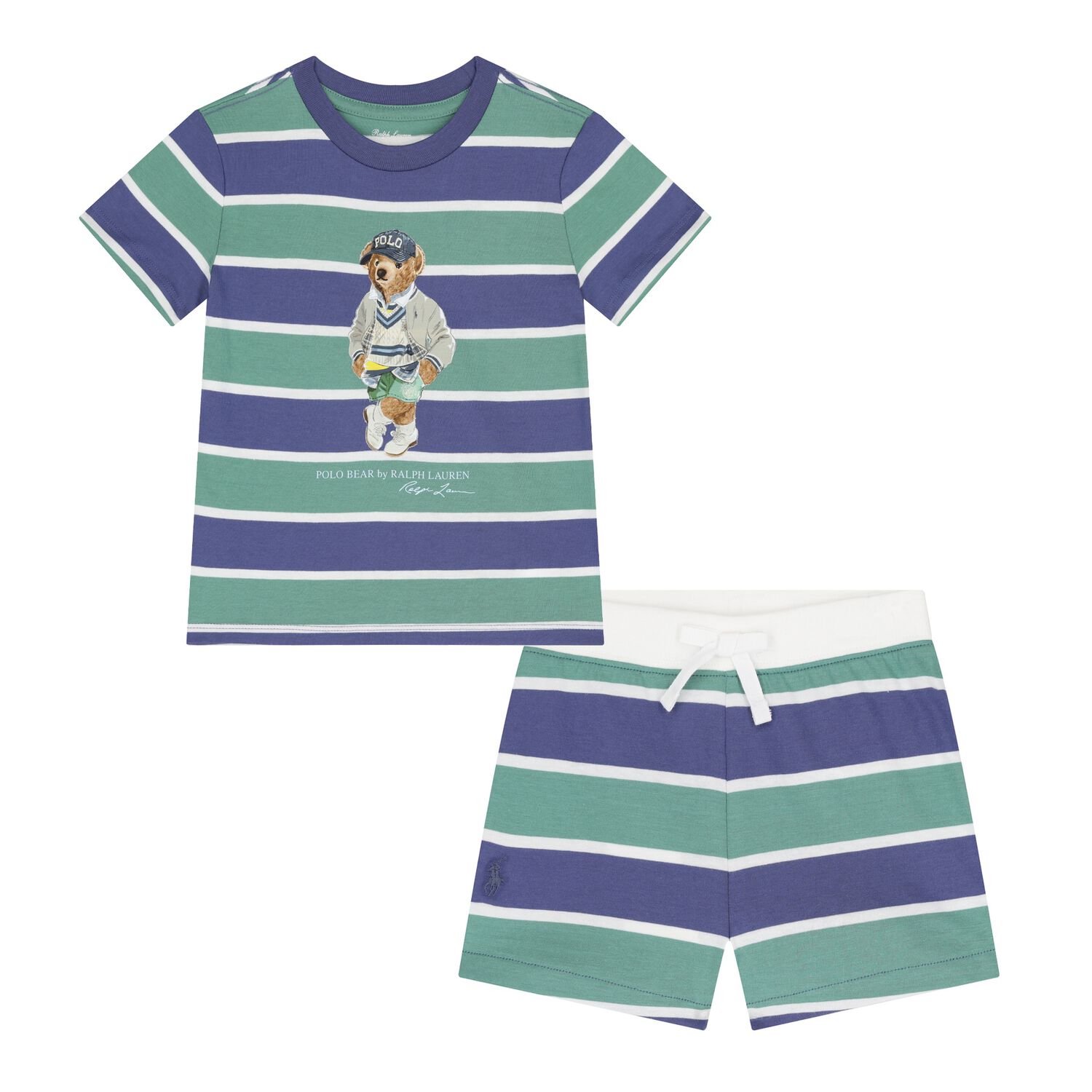 Baby Boys Blue & Green Polo Bear Shorts Set, 1, hi-res