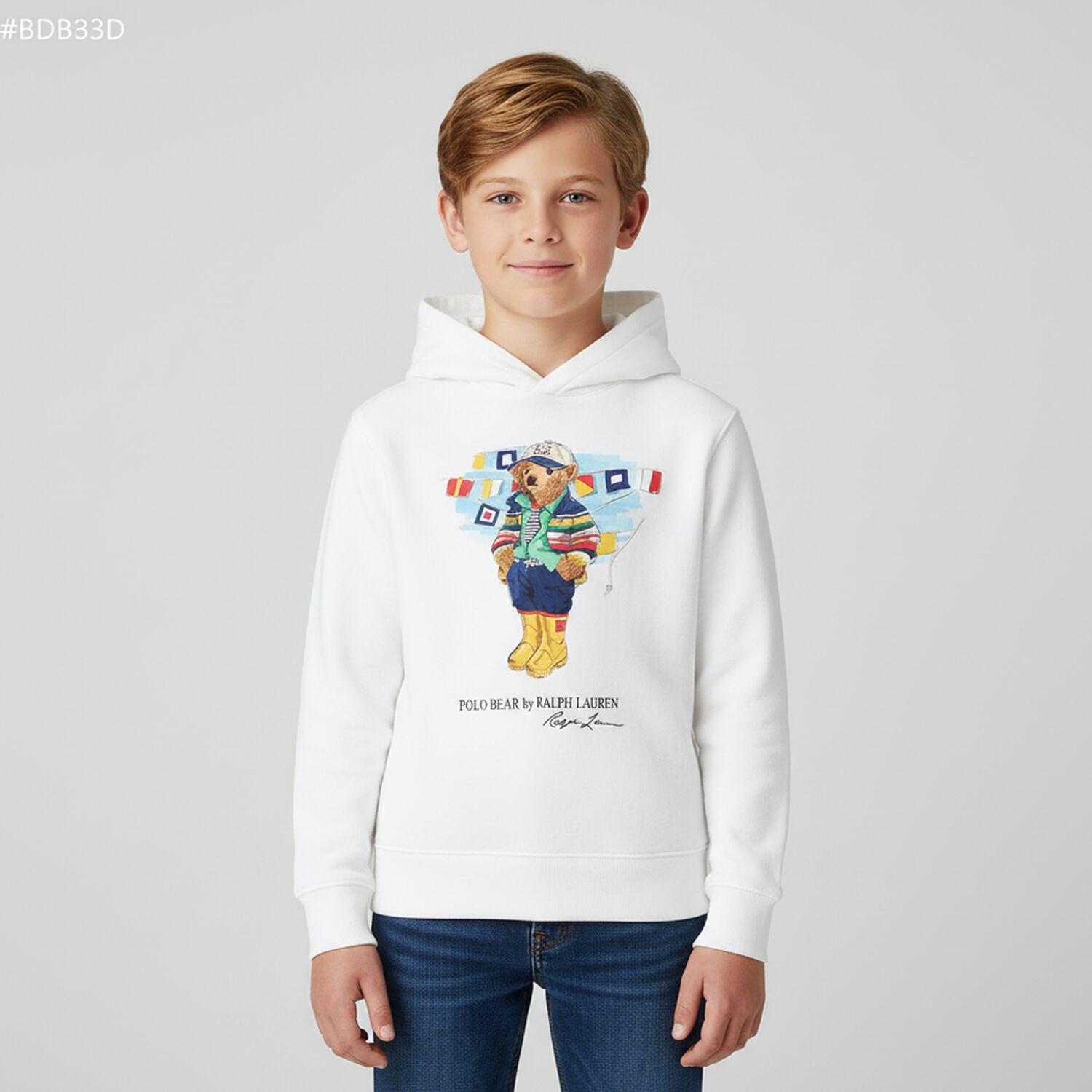 Boys White Logo Polo Bear Hooded Top, 1, hi-res