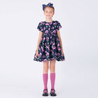 Girls Navy Blue & Pink Floral Satin Dress, 2, hi-res