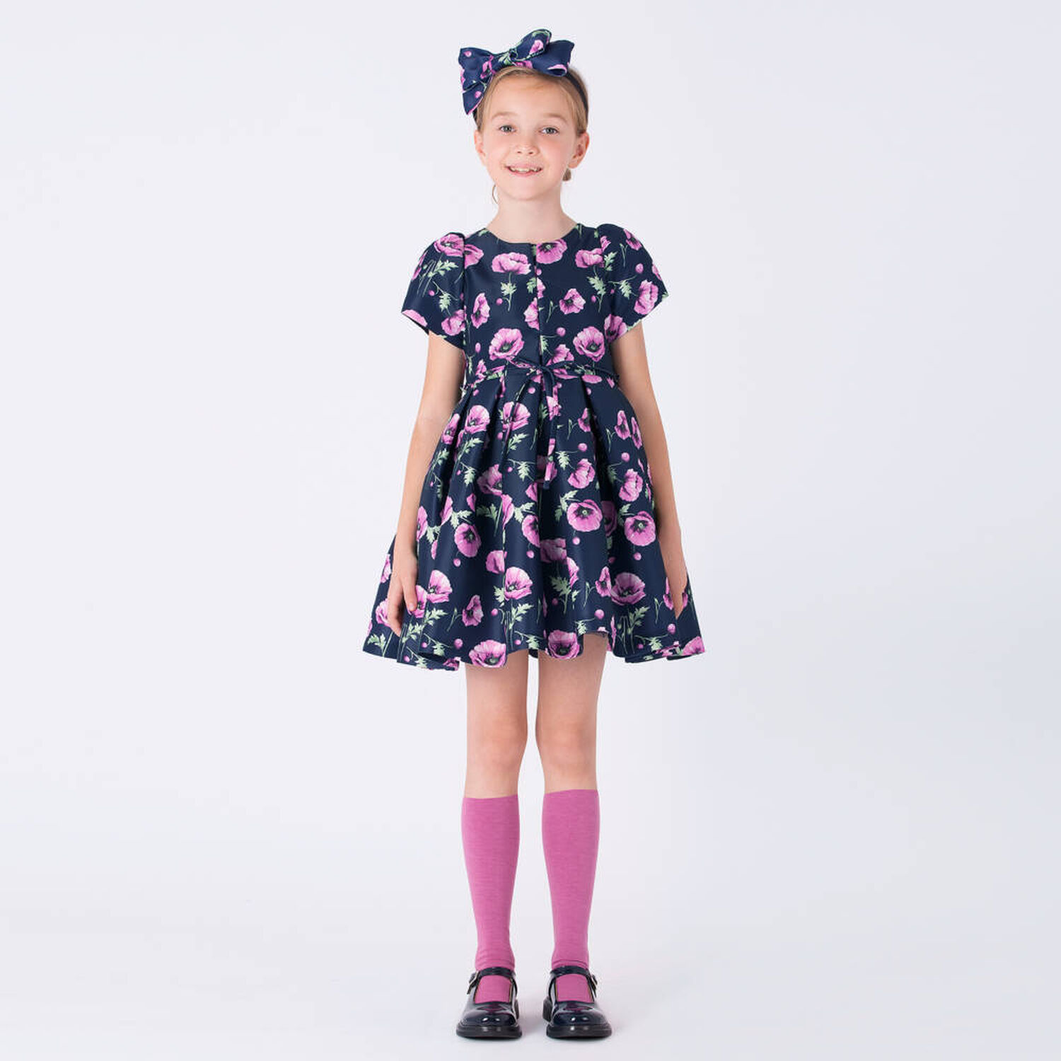 Girls Navy Blue & Pink Floral Satin Dress, 2, hi-res image number null