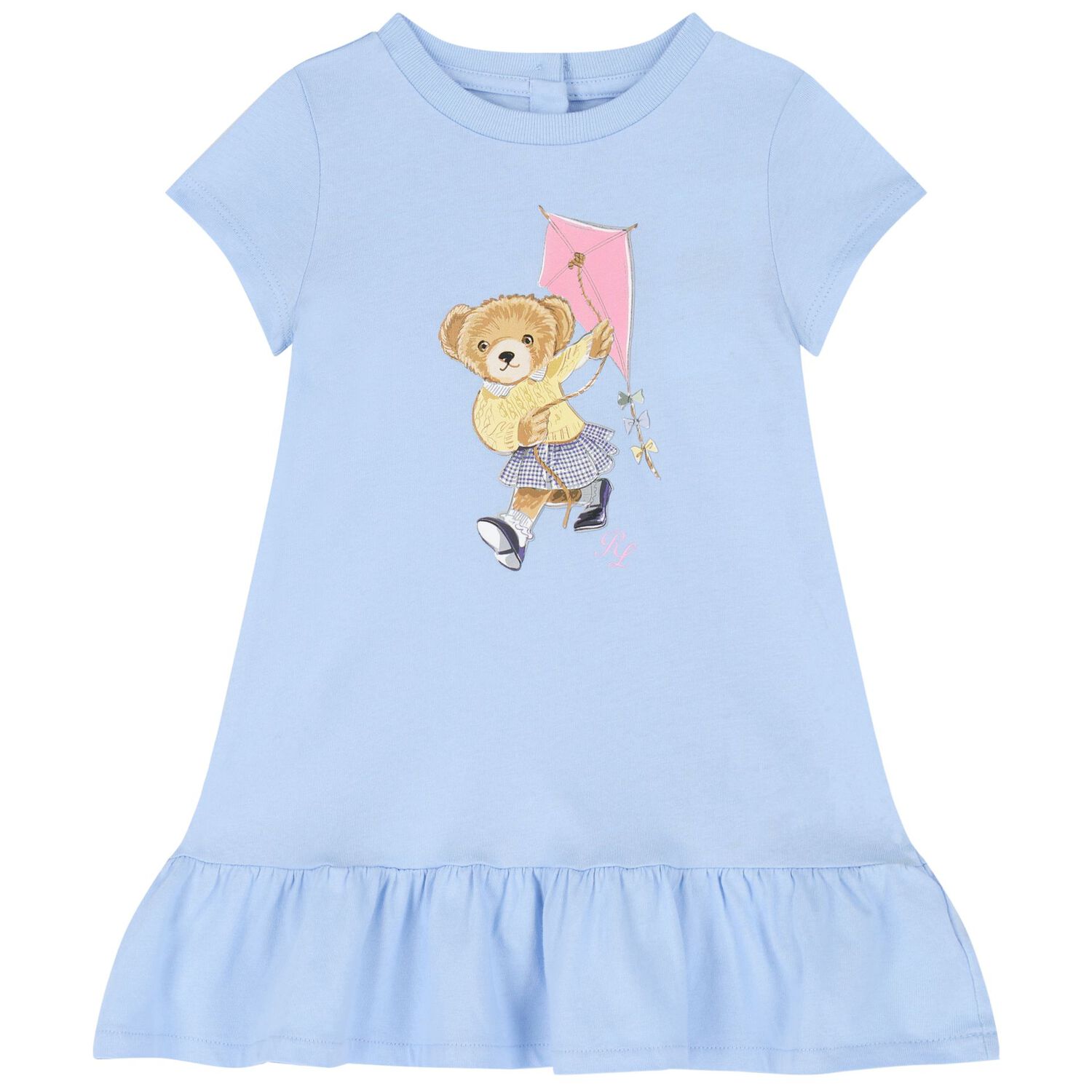 Baby Girls Blue Cotton Polo Bear Dress, 1, hi-res