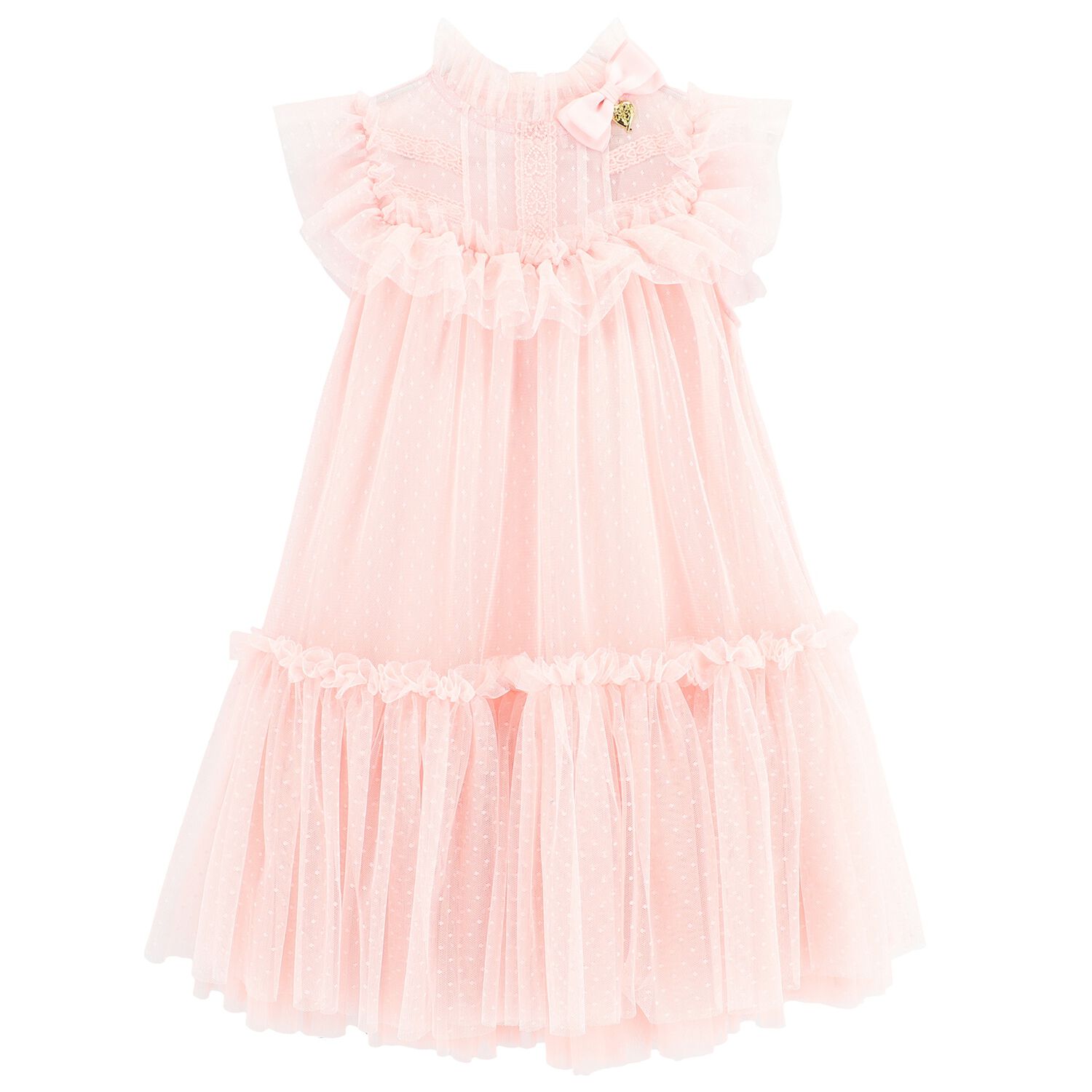 Girls Pink Dotted Tulle Dress, 2, hi-res