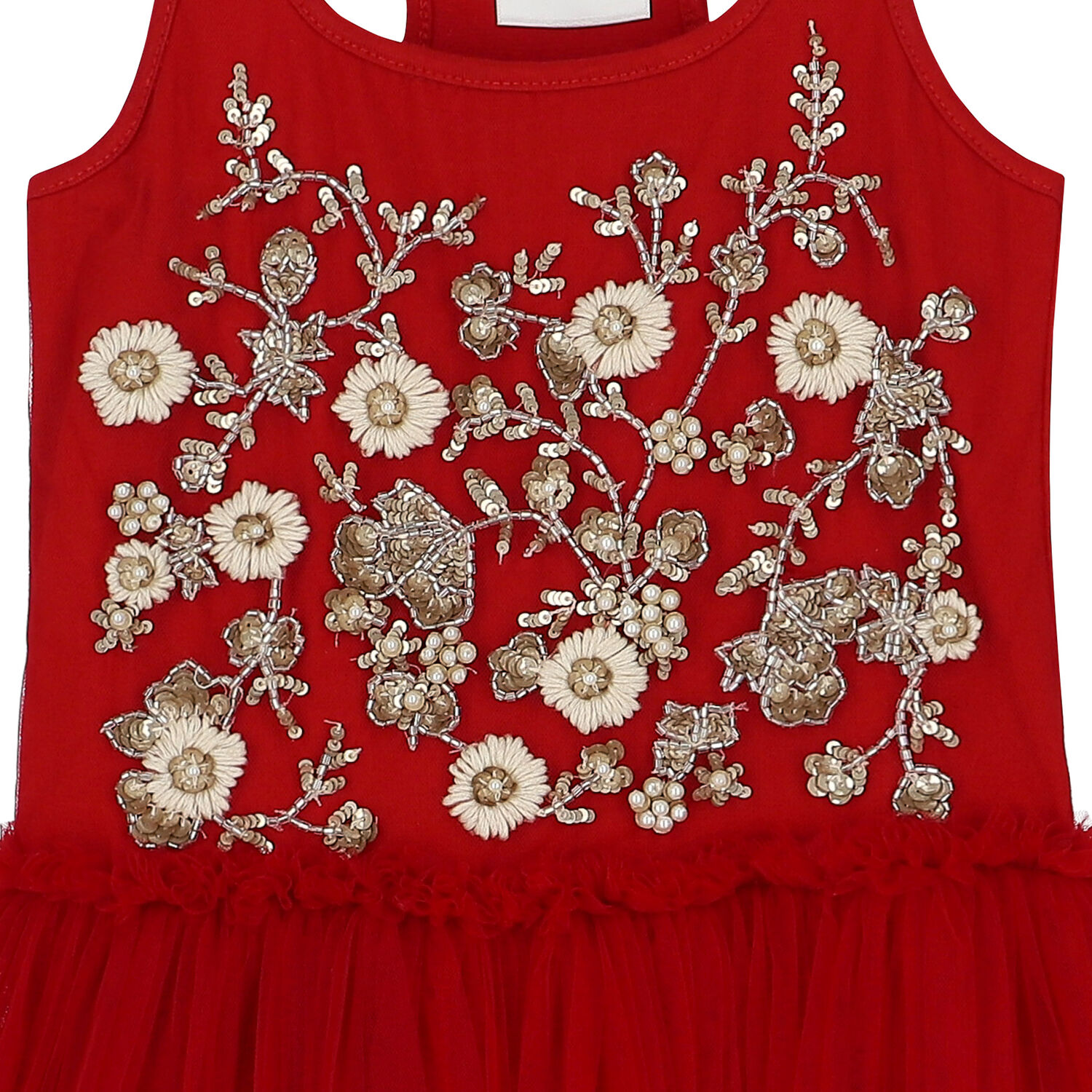 Girls Red Embellished Tulle Dress, 1, hi-res