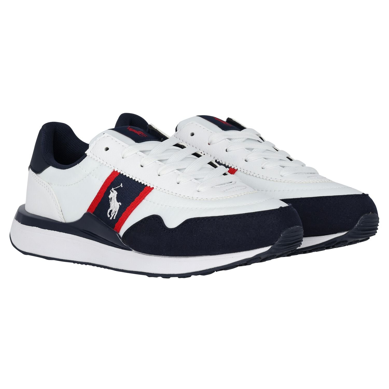 Boys White & Navy Blue Logo Trainers, 1, hi-res