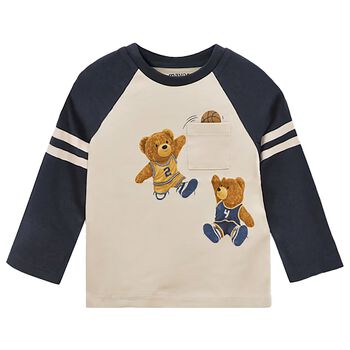 Younger Boys Ivory & Navy Blue Teddy Bear Long Sleeve Top