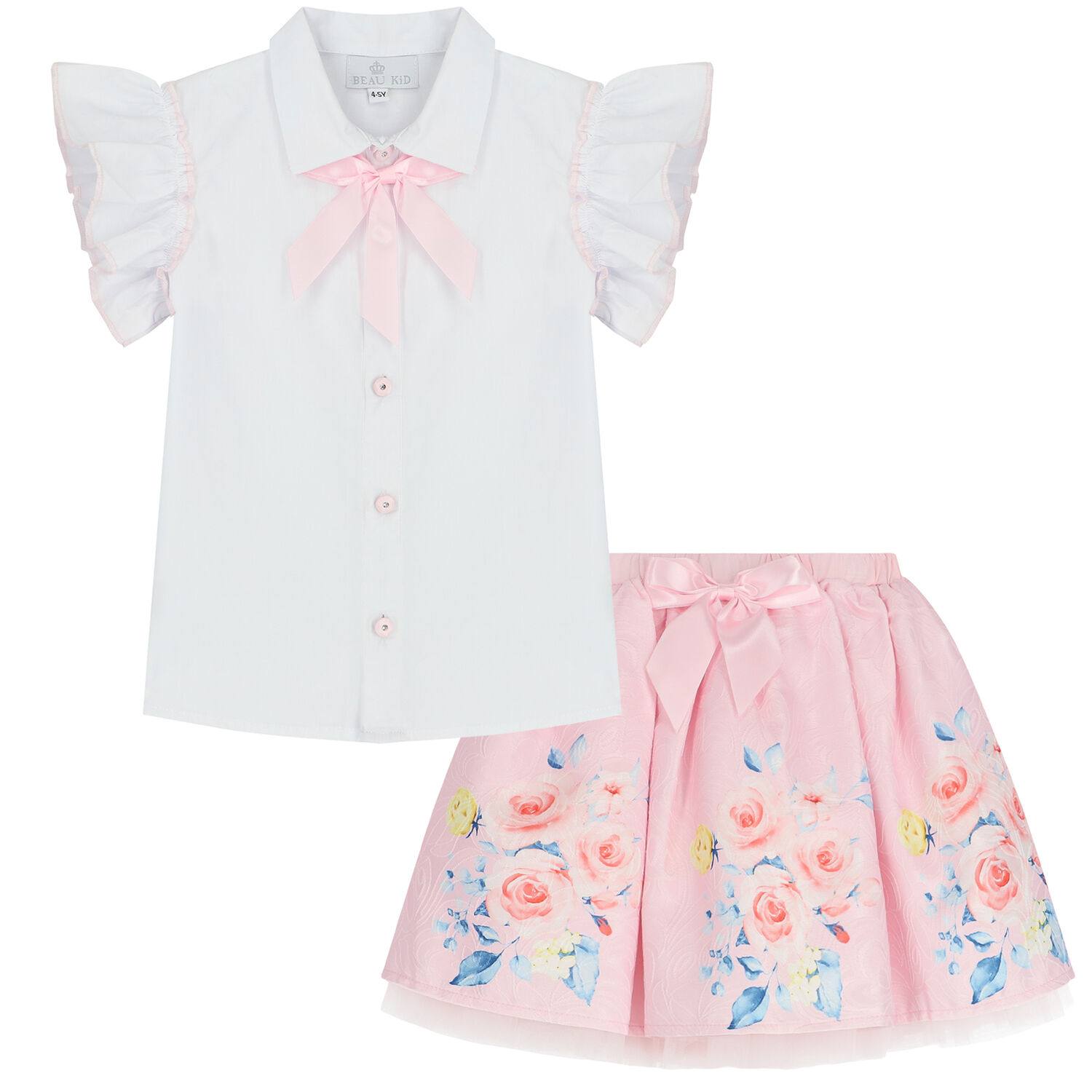 Girls White & Pink Tulle Skirt Set, 1, hi-res