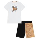 Boys White & Beige Geo Map Shorts Set, 1, hi-res