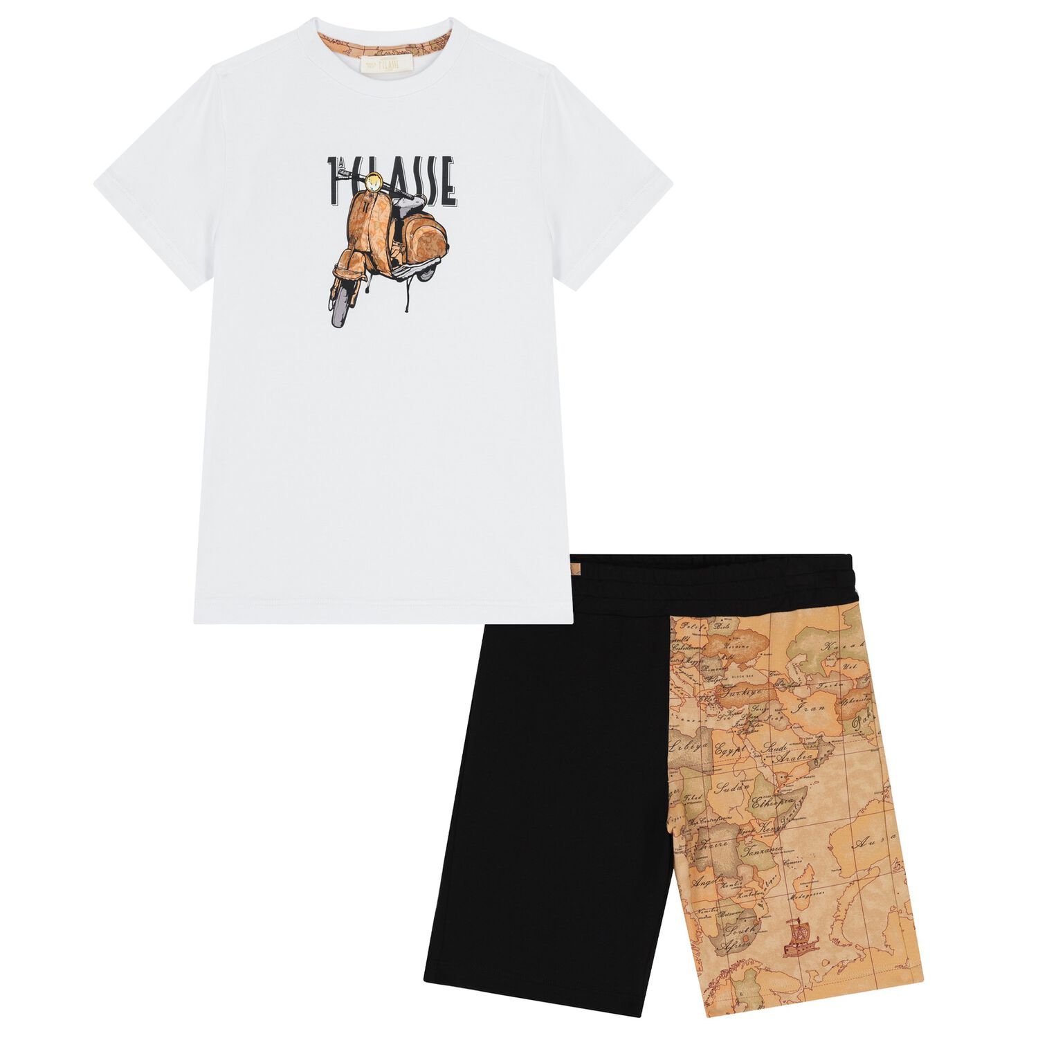 Boys White & Beige Geo Map Shorts Set, 1, hi-res
