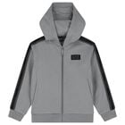 Boys Grey & Black Logo Hooded Zip Up Top , 2, hi-res