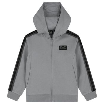 Boys Grey & Black Logo Hooded Zip Up Top 