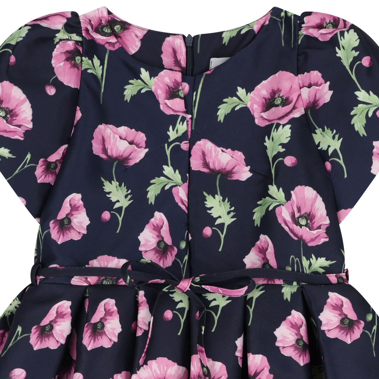 Girls Navy Blue & Pink Floral Satin Dress, 2, hi-res image number null