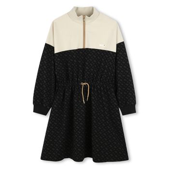 Girls Ivory & Black Logo Dress