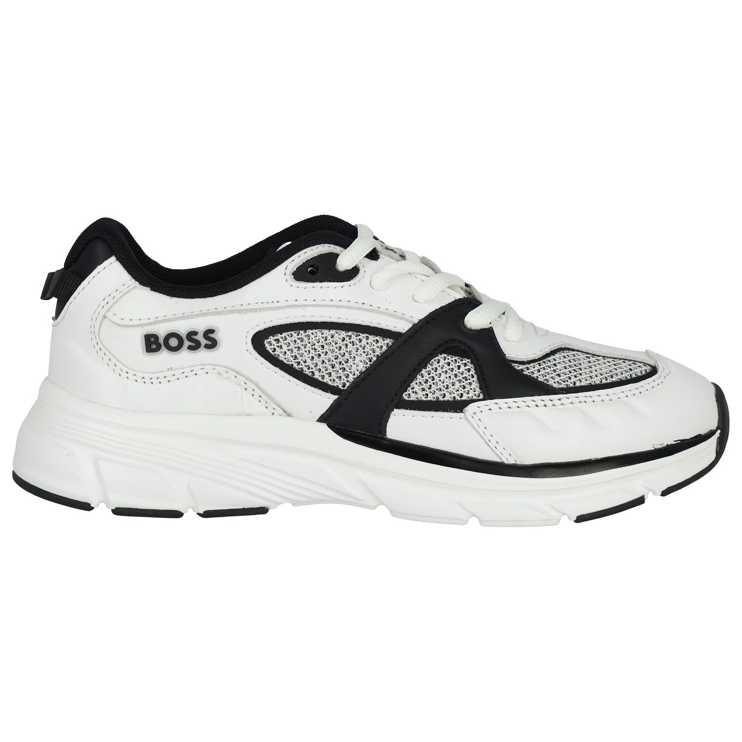 Boys White & Black Logo Leather Trainers, 1, hi-res